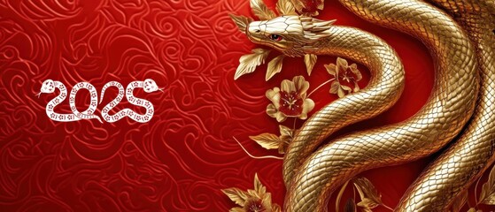 Fototapeta premium Golden Snakes Celebrate 2025 Lunar New Year on Red Floral Background