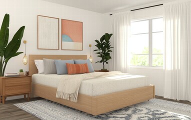 Fototapeta premium Chic modern bedroom featuring a low-profile bed, light wood furniture, and subtle pops of color