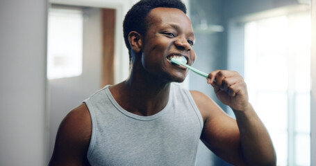 Dental, bathroom and cleaning with brushing teeth of black man for oral hygiene, tooth grooming or gum health. Self care, morning routine and cavity prevention with person and toothbrush at home