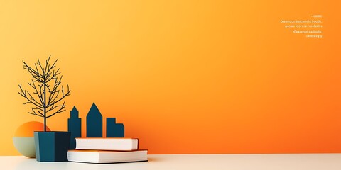 Fototapeta premium Minimalist Still Life with Books Plant and Cityscape