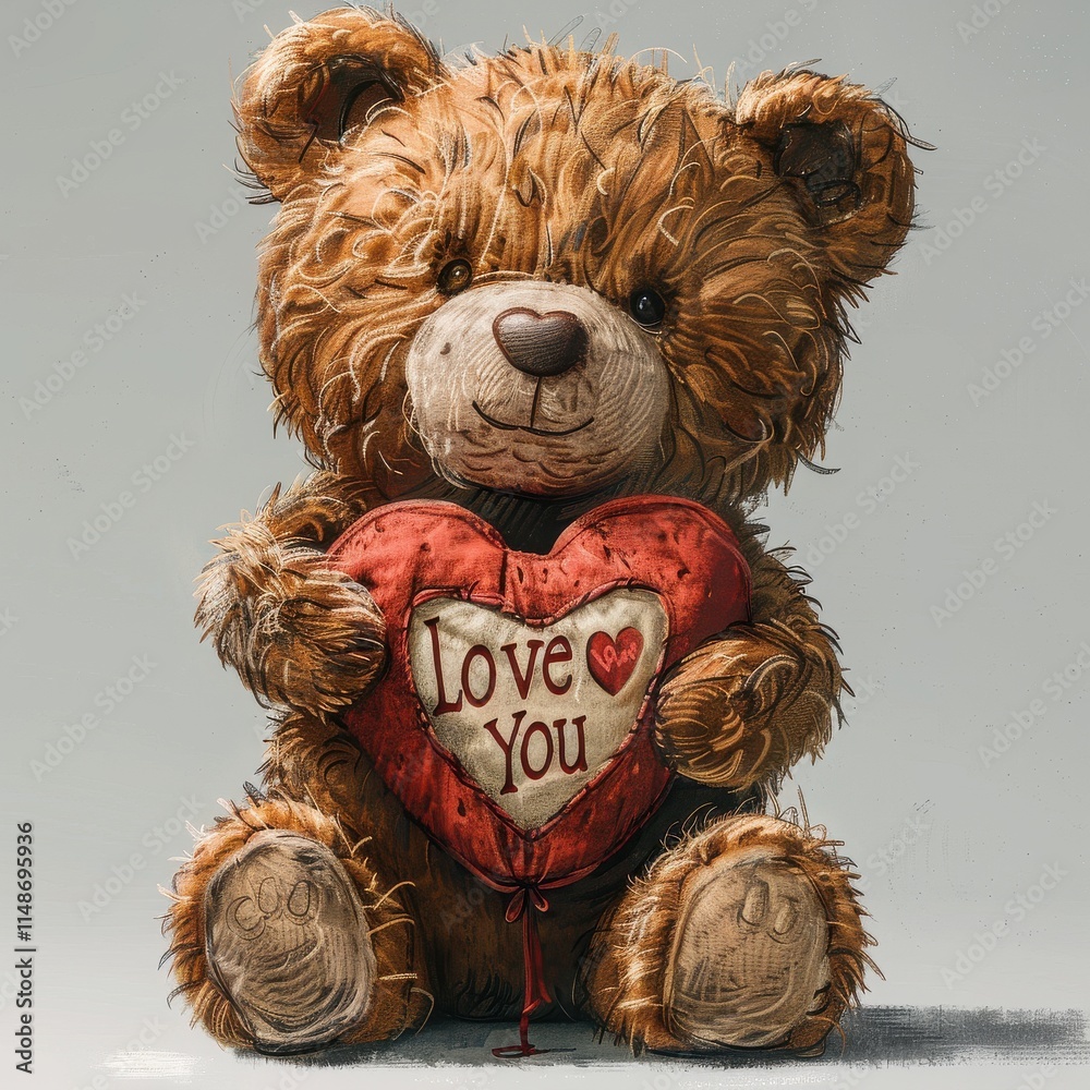 Wall mural Teddy Bear with Heart: A charming, vintage-style teddy bear lovingly holds a heart-shaped balloon that reads 