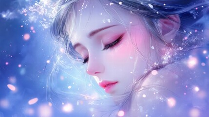 Ethereal Beauty of a Young Woman with Delicate Features and Snowflakes Embracing Her Dreamy Face in a Soft Blue Background with Subtle Bokeh Effects