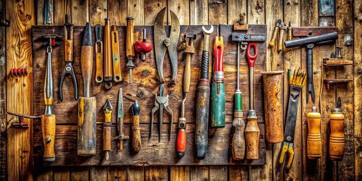 Aged Wall, Precision Hand Tools & Wooden Surface for Crafting Projects - High-Resolution Stock Photo