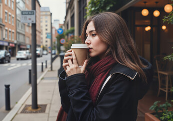 Woman Enjoying a Warm Drink While Walking in a City Street