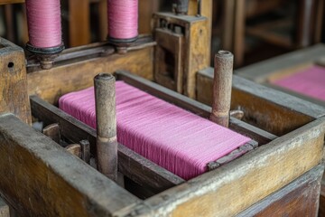 Vintage Wooden Loom with Pink Threads Showing the Intricate Craftsmanship of Traditional Textile Production in a Rustic Setting