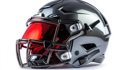 Fototapeta premium Close-up of a dark gray football helmet with a red visor, showcasing its protective design and details.