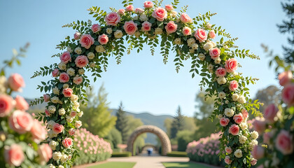 Beautiful wedding arch adorned with pink roses and greenery in a picturesque outdoor setting