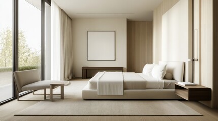 Fototapeta premium Modern minimalist guest bedroom with clean, elegant design. Featuring neutral tones and sleek furniture