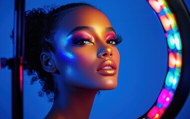 Fototapeta premium A beauty influencer with a colorful makeup palette and ring light setup