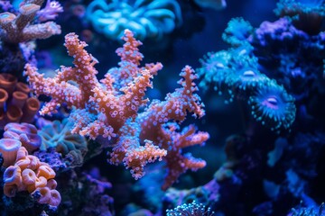 Obraz premium A branching orange and purple Tree Coral perched on a shelf on a reef.