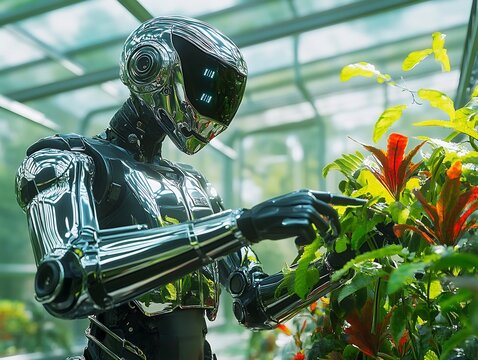 Advanced Automaton Carefully Pruning and Nurturing Vibrant Alien Like Plants in a Futuristic Greenhouse