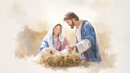 Watercolor painting shows holy family Mary, Joseph with baby Jesus in manger. Religious scene in Bethlehem. Traditional Christmas scene. Family caring for newborn child. Scene evokes peace, joy.