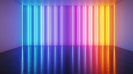 Empty room glows with vibrant rainbow neon lights. Colorful LED lights create dynamic, festive atmosphere. Many coloured lights decorate walls. Stylish interior design concept for party event