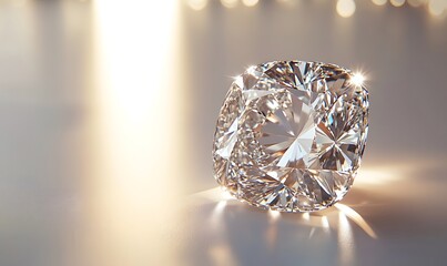 Fototapeta premium Faceted, cushion cut diamond glistens on a light reflecting surface.