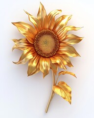 Golden Sunflower Blooming on White Background