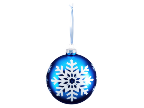 A shimmering silver and blue glass Christmas ornament adorned with delicate snowflake designs, floating gracefully, isolated on a transparent background.