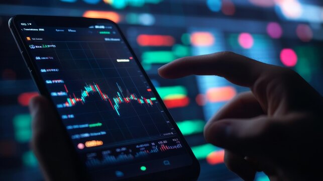 Robot trader. AI for automation trading on stock market. Hand robot point at candlestick graph on screen phone. Artificial intelligence trader. Artificial Neural network in App for Online trading.