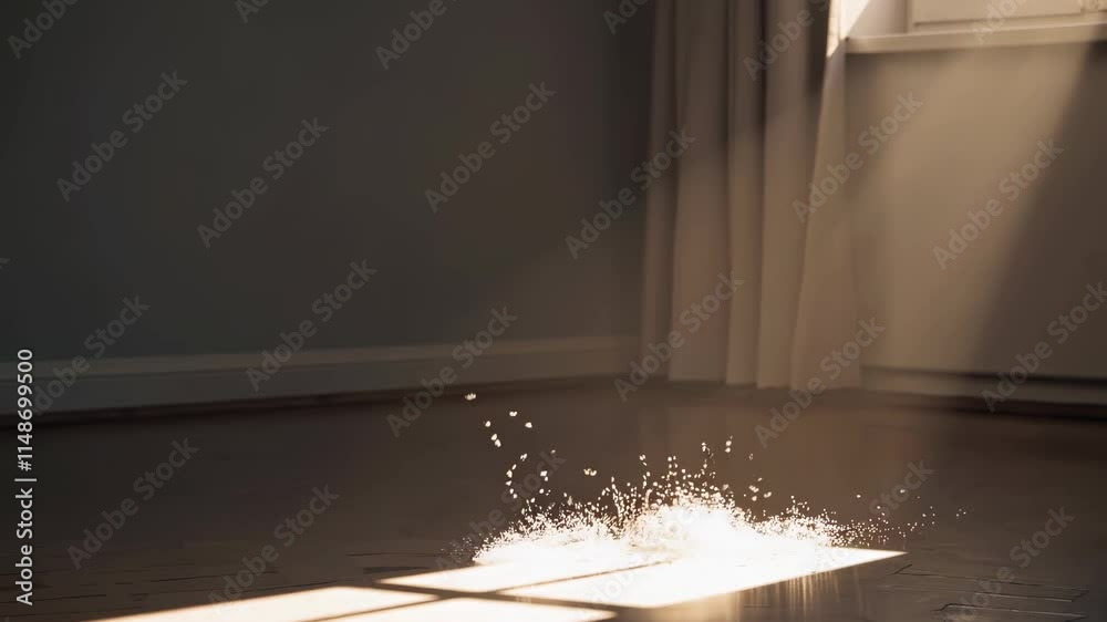 Poster dust particles dance in sunlight streaming through a window in an empty room