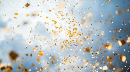Bright golden confetti fills the sky during a festive celebration. 