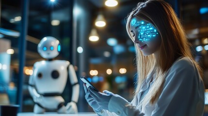 A woman is using a chatbot on her smartphone in a modern office. The chatbot is powered by artificial intelligence  and can understand and respond to natural language. 