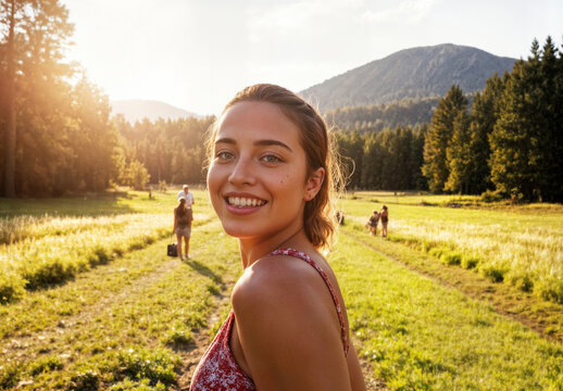 Smiling Woman Outdoors in Sunlit Meadow During Scenic Nature Walk