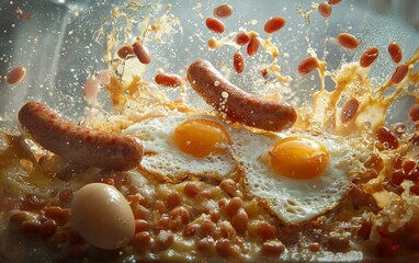 A full English breakfast hovering, with eggs, sausage, and beans perfectly arranged