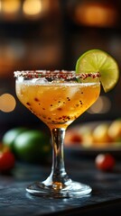 Mango Margarita. Mocktail bar Cbd drinks Non alcoholic tequila Tajin Ritual Mocktails Jimmy's Cocktails 21 Seeds Boozy tea Onda Spicy cocktail glass with chili salt rim and li