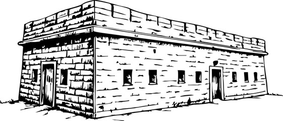 Obraz premium Military bunker architectural sketch in black and white, wartime symbolism