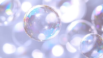 Beautiful Floating Bubbles with Soft Reflections and Colors Against a Gentle Background. Ideal for Abstract and Artistic Imagery Exploring Light and Texture.