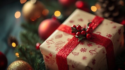 Charming gift box wrapped in festive decor surrounded by holiday embellishments