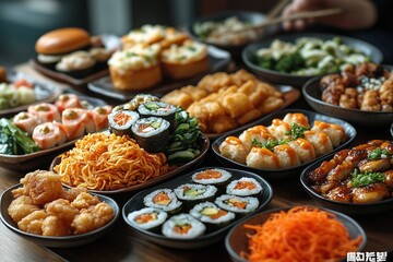 Close-up of colorful sushi, noodles, and traditional Asian dishes