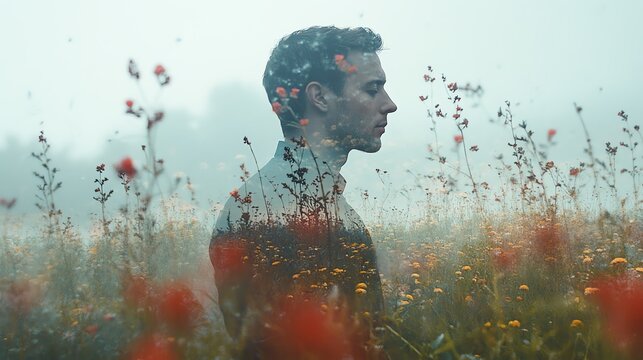 A contemplative man stands amidst a vibrant field of flowers, enveloped in soft mist, symbolizing tranquility and nature.