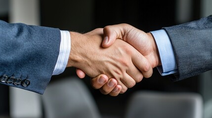 Close-up of two businessmen shaking hands in a meeting.