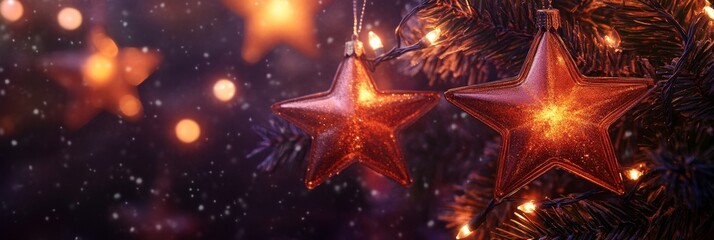 Elegant golden stars adorn a festive Christmas tree illuminated by gentle lights