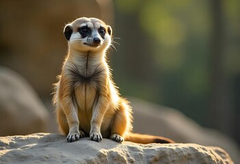 Portrait of a meerkat or suricate (Suricata suricatta) sitting on a rock and staring at the camera, imprisoned in Bavaria, Germany.