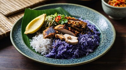 Indulging in the vibrant flavors of Nasi Kerabu, a traditional Malaysian dish featuring grilled chicken and aromatic rice during a sunny afternoon meal