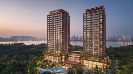 Modern luxury residential towers overlooking serene riverside landscape at sunset with lush greenery in the foreground and city skyline in the background