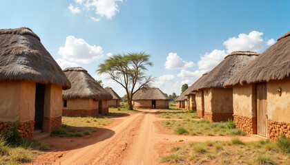 Traditional thatched-roof huts in an African village