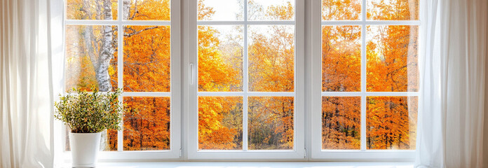 A white and bright window close-up with a fall landscape view