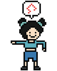 Fototapeta premium Cute pixel cartoon 8bit character woman exercises training dance lifestyle music decoration life style 8 bit female girl dance with music game fitness isolated 8bit PNG vector.