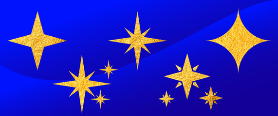 Set of golden star icons with glitter on blue isolated background for design. Christmas illustration. Holiday christmas decoration. Flat star icons, silhouette.