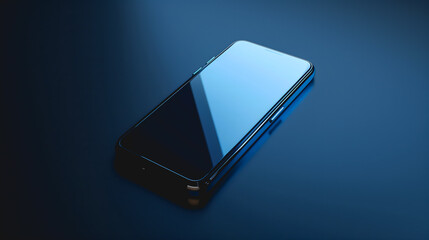 Téléphone noir moderne posé sur une surface réfléchissante bleue.