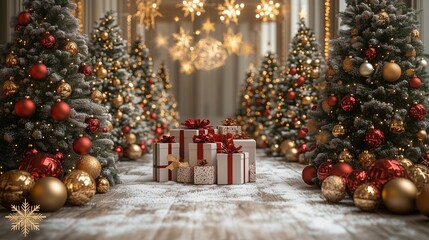 Elegant Christmas corridor with glowing lights and festive trees
