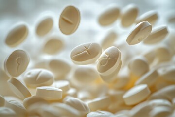 White pharmaceutical tablets scattered with some tablets in mid-air, showcasing texture and detail against a soft blurred background for health and wellness imagery