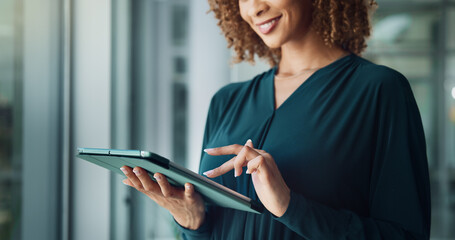 Tablet, business woman and hands with smile, research or reading news for publishing in startup...