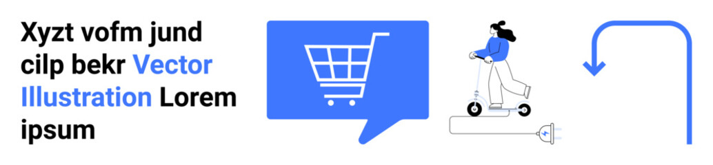 Shopping cart icon, woman on scooter, plug and arrow in blue, speech bubble. Ideal for e-commerce, online shopping, delivery services, technology, eco-friendly transport, digital marketing. Landing