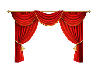 3d realistic vector icon illustration. Movie cinema or opera hall. Red velvet curtain prapery. with golden elements and tessels. Isolated.