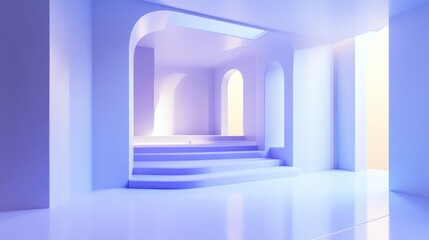 Fototapeta premium Minimalist Purple Architectural Interior with Arches and Stairs
