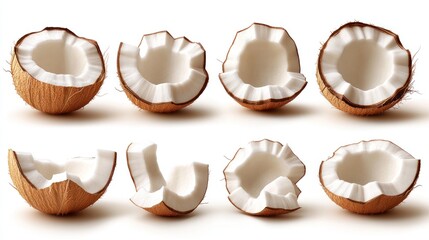 Eight various views of cracked coconuts on white.