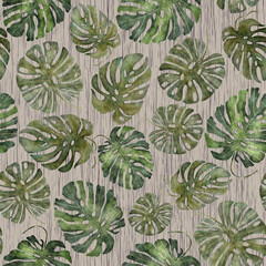 Pattern with hand drawn watercolor monstera leaves on beige background with grey textured lines. 